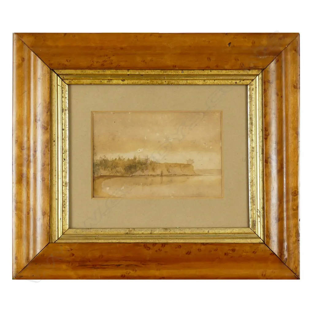 A small birdseye maple framed colonial watercolour of Judges Bay Image 1++
