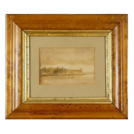 A small birdseye maple framed colonial watercolour of Judges Bay