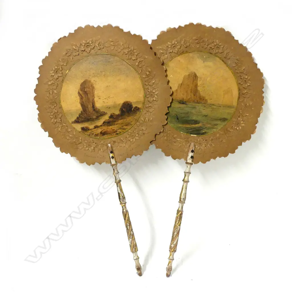 A pair of 19thC N.Z. hand painted lady's face screens Image 1++
