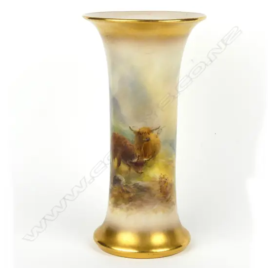 A 1930s Royal Worcester trumpet vase painted with highland cattle by Stinton