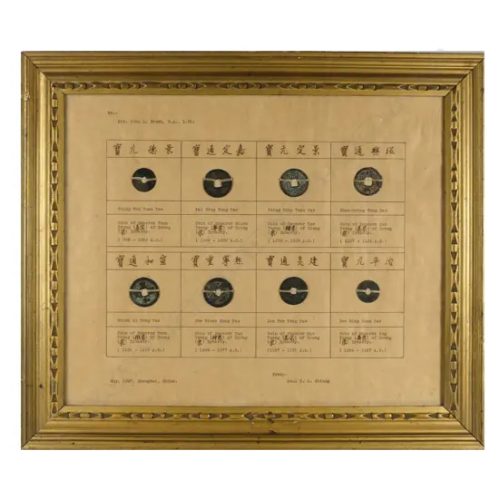 A framed display of eight coins of the Song dynasty