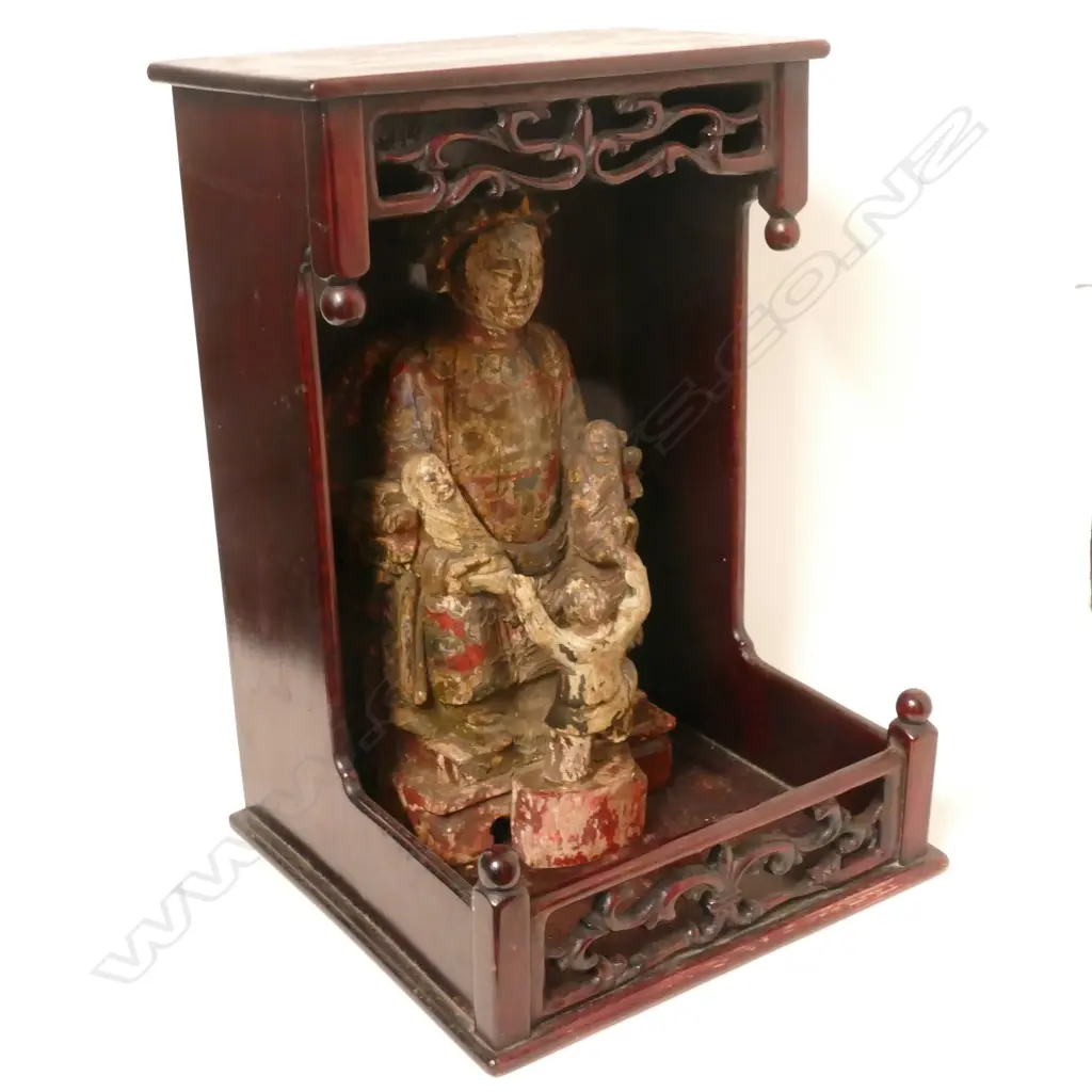 A Chinese Qing dynasty polychrome carved wooden shrine figure group Image 1++