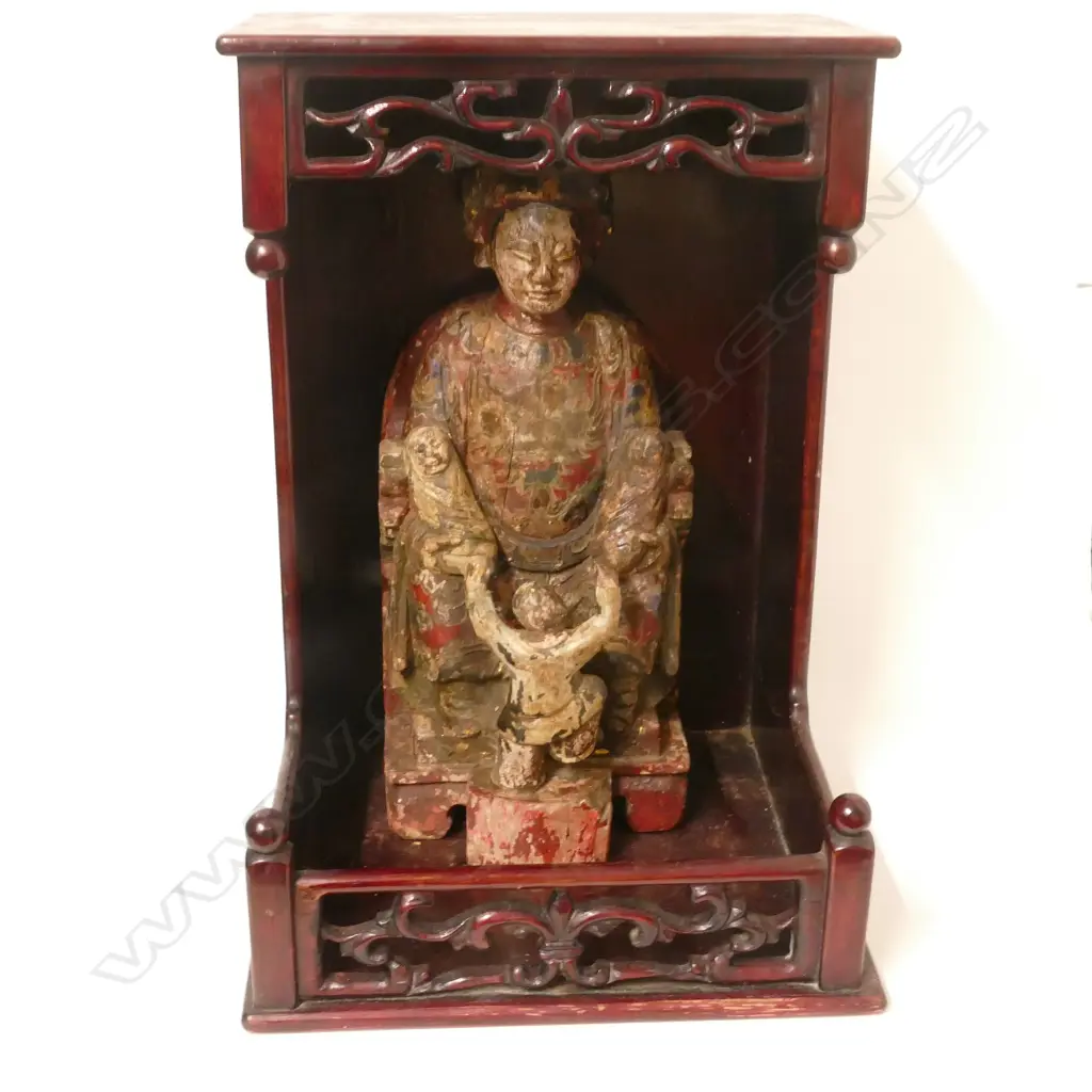 A Chinese Qing dynasty polychrome carved wooden shrine figure group Image 1++