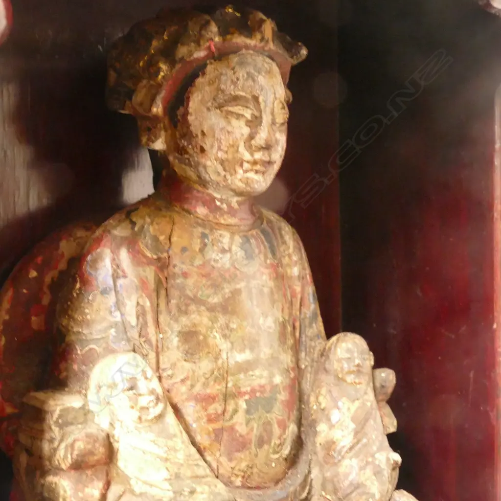A Chinese Qing dynasty polychrome carved wooden shrine figure group Image 1++