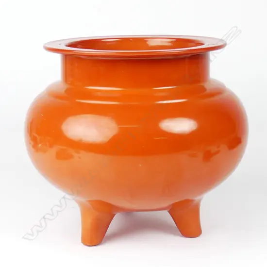 A Qing style orange coral glazed porcelain censer