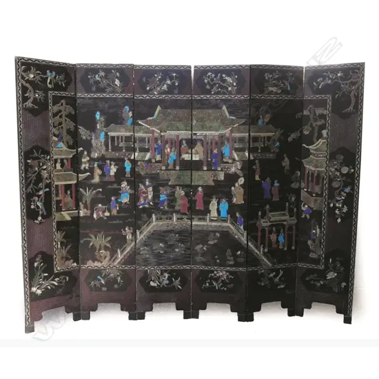 A Chinese Qing black lacquered and hardstone set six-panel screen