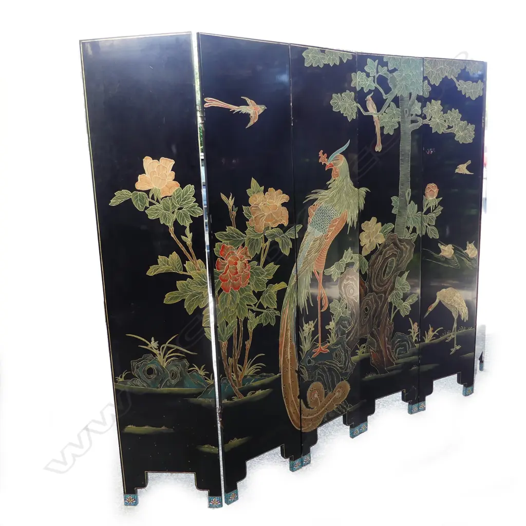 A good Japanese Meiji black lacquered and hardstone set six panel screen Image 1++
