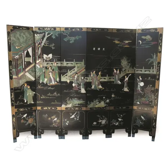 A good Japanese Meiji black lacquered and hardstone set six panel screen