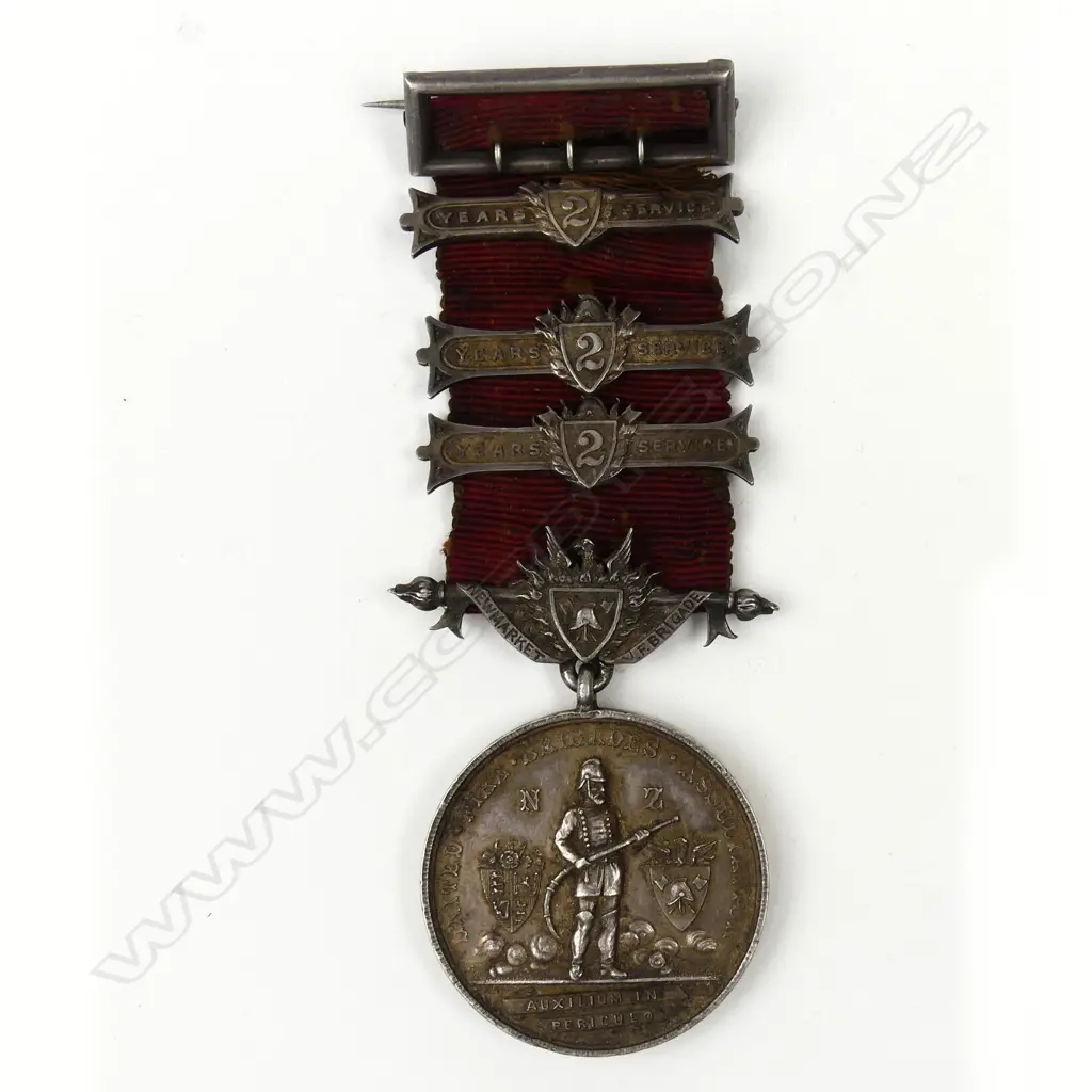 Anton Teutenberg 1907 N.Z. Fireman's Long Service Medal with three 2 years’ service bars Image 1++