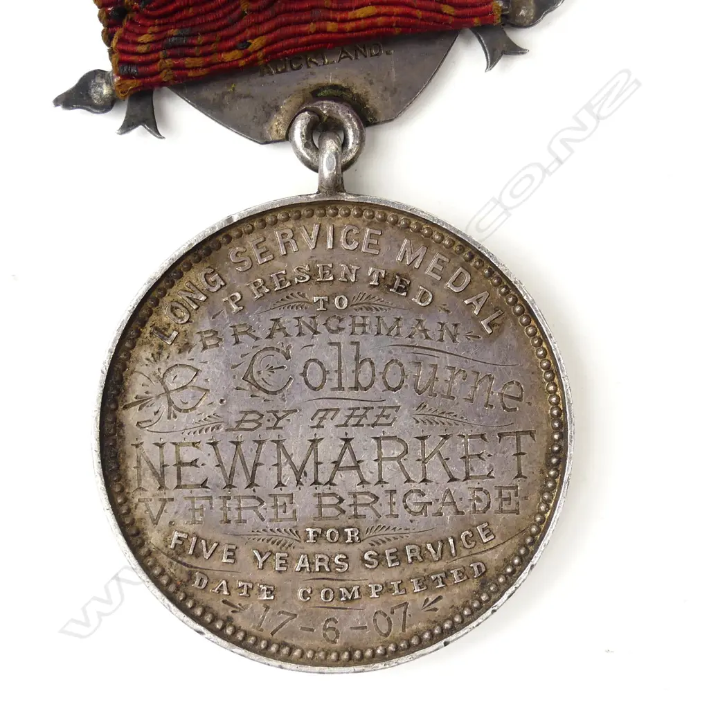 Anton Teutenberg 1907 N.Z. Fireman's Long Service Medal with three 2 years’ service bars Image 1++