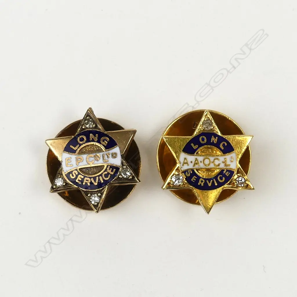 Two early 20thC gold diamond and enamel long service lapel pins Image 1++