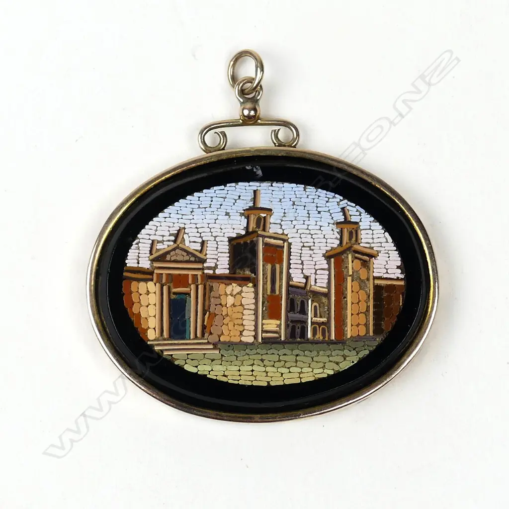 A late 19thC European micro-mosaic and 9ct. rose gold pendant Image 1++
