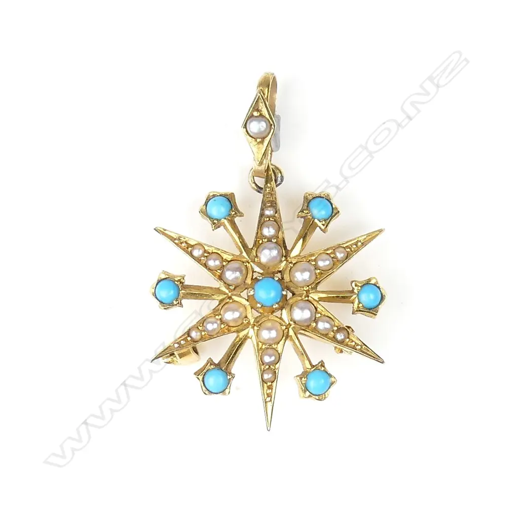 A Victorian 15ct gold pearl and turquoise pendant Image 1++