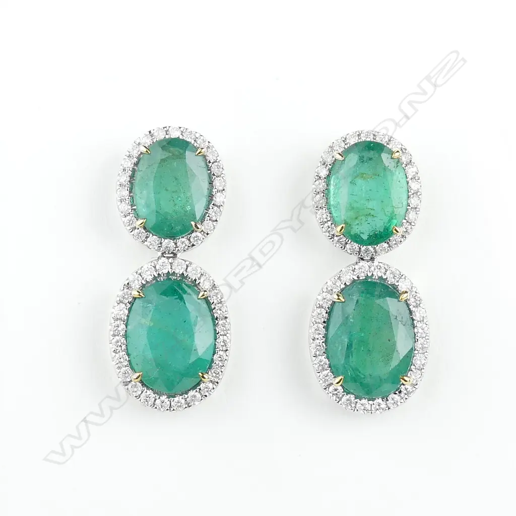 A pair of 14ct white gold 18ct yellow gold emerald and diamond drop earrings Image 1++
