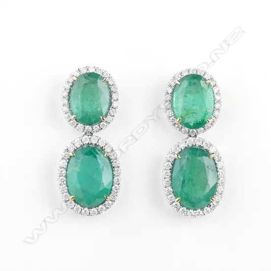 A pair of 14ct white gold 18ct yellow gold emerald and diamond drop earrings