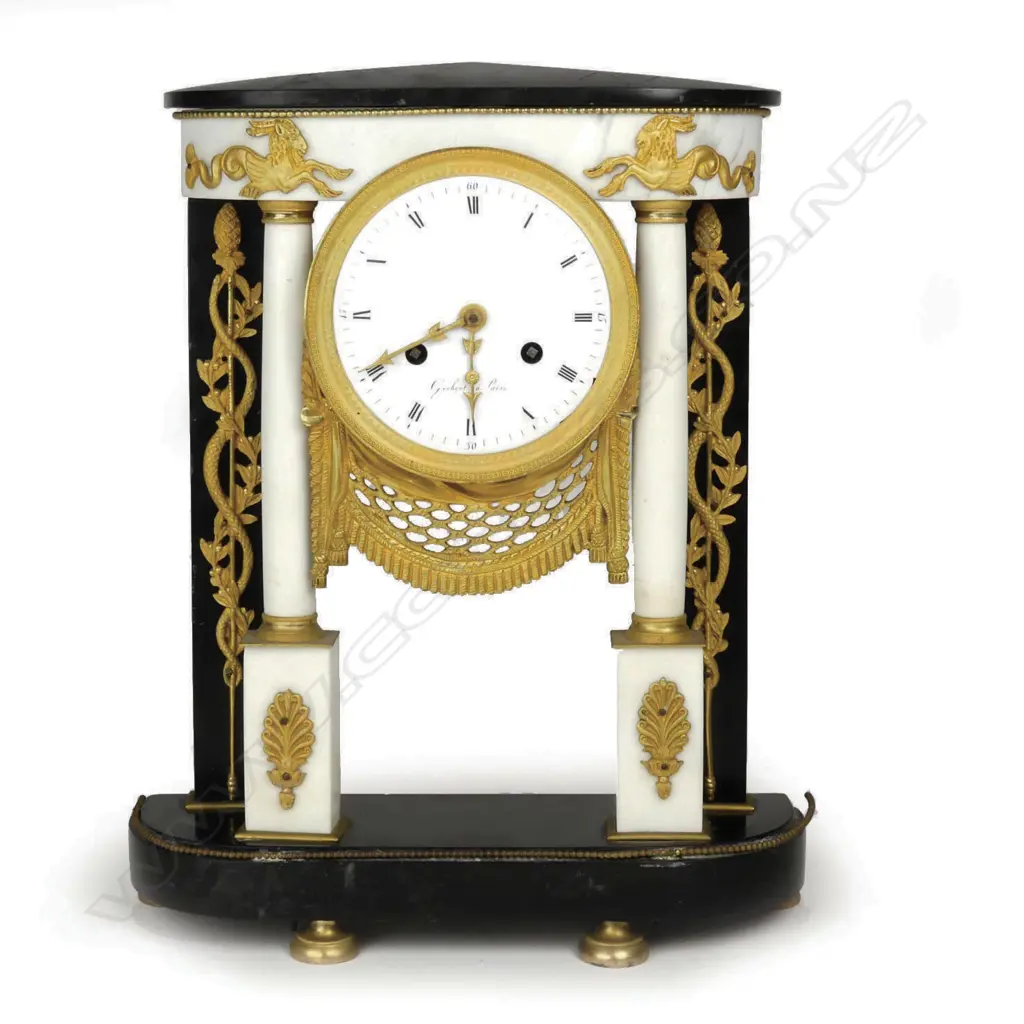 A fine early19thC French bronze ormolu and marble portico mantel clock Image 1++
