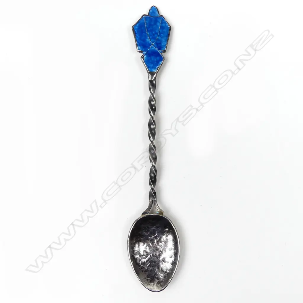 An uncommon set of six Reuben Watts Arts & Crafts silver and enamel coffee spoons Image 1++