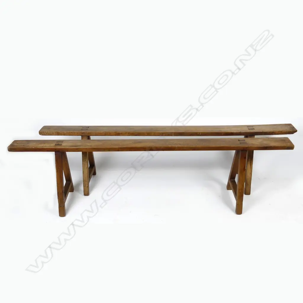 A pair of 19thC fruit wood narrow benches Image 1++