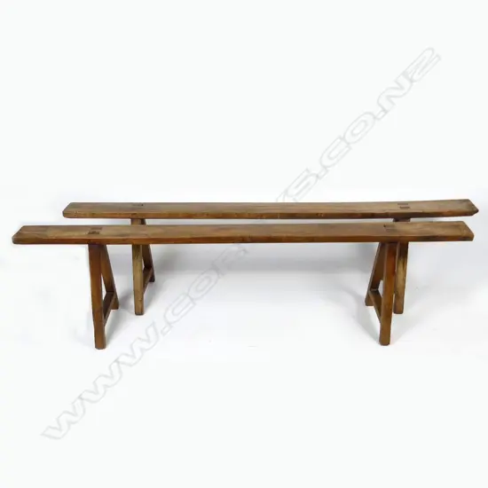 A pair of 19thC fruit wood narrow benches