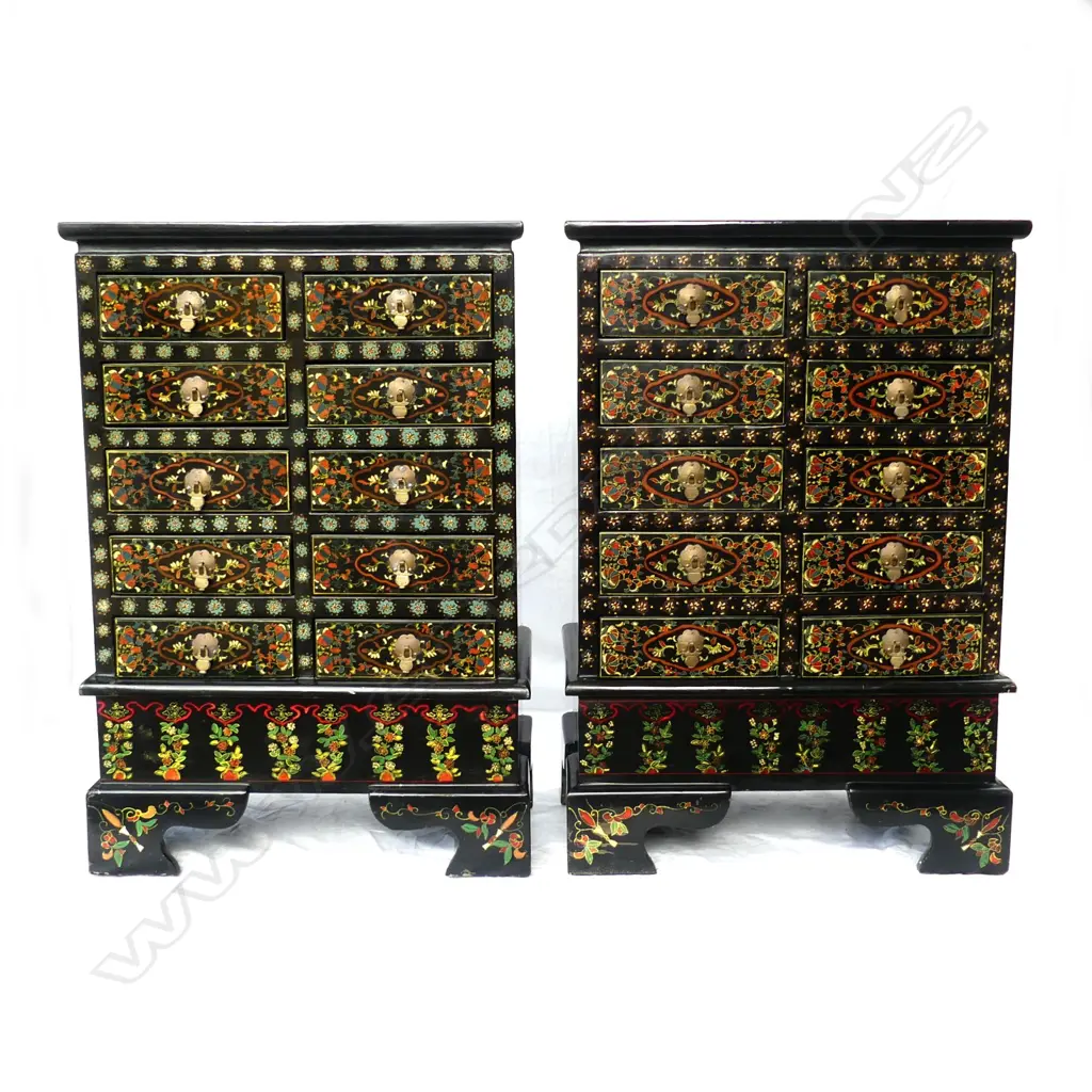 A pair of 20thC Oriental ornately decorated lacquered small multi-drawer chests Image 1++