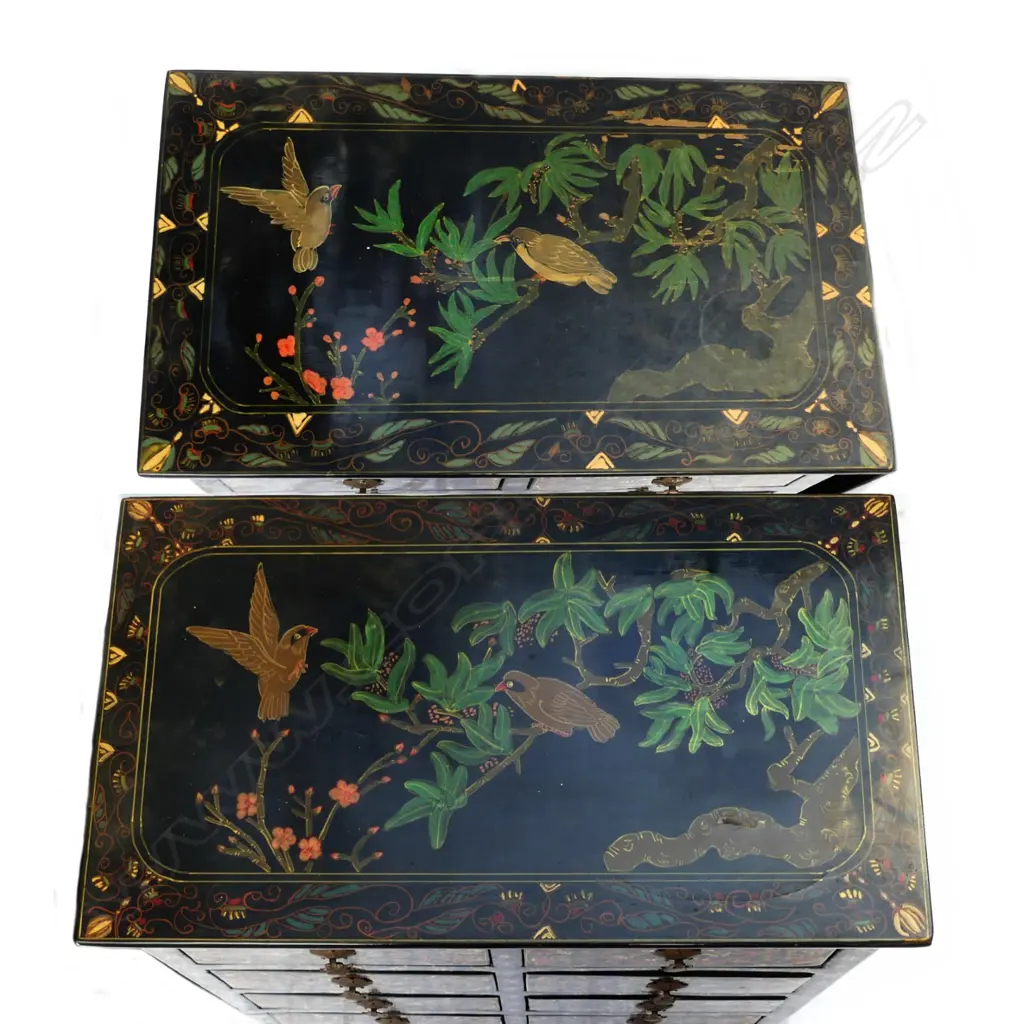 A pair of 20thC Oriental ornately decorated lacquered small multi-drawer chests Image 1++