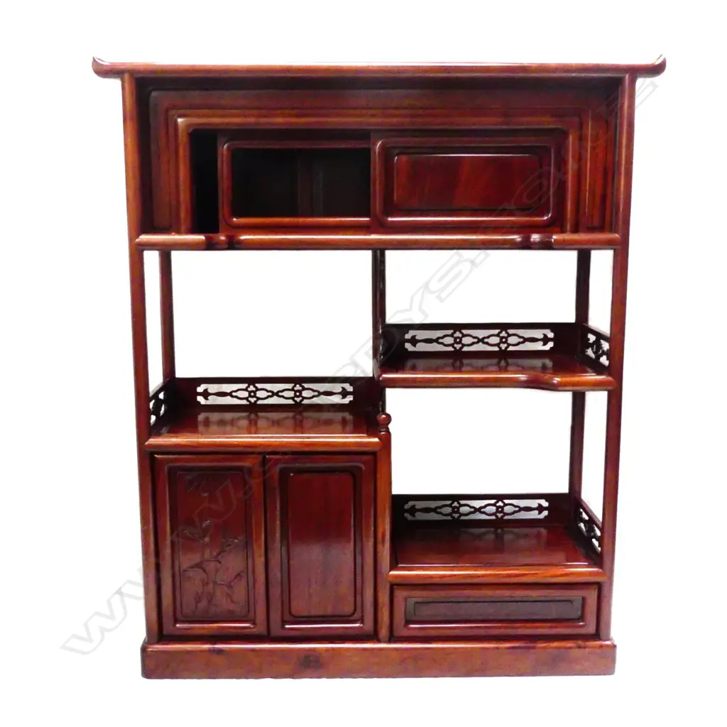 A mid/late 20thC Oriental zitan wood display cabinet of small proportions Image 1++