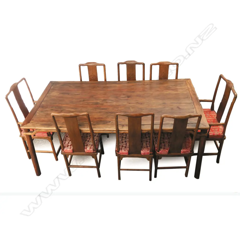 A vintage Chinese rosewood dining table and eight chairs Image 1++