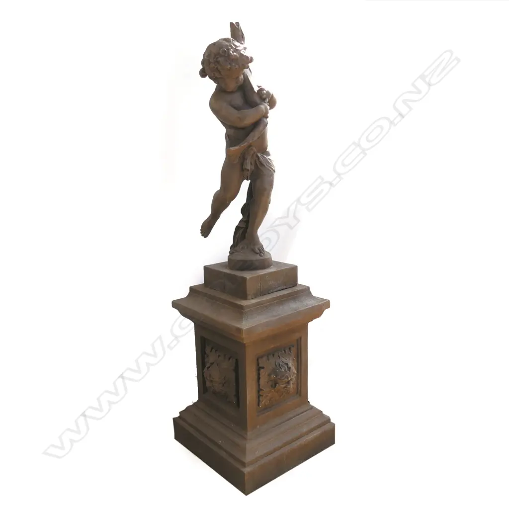 A modern antique style large garden sculpture 'Boy with Fish' on pedestal base Image 1++
