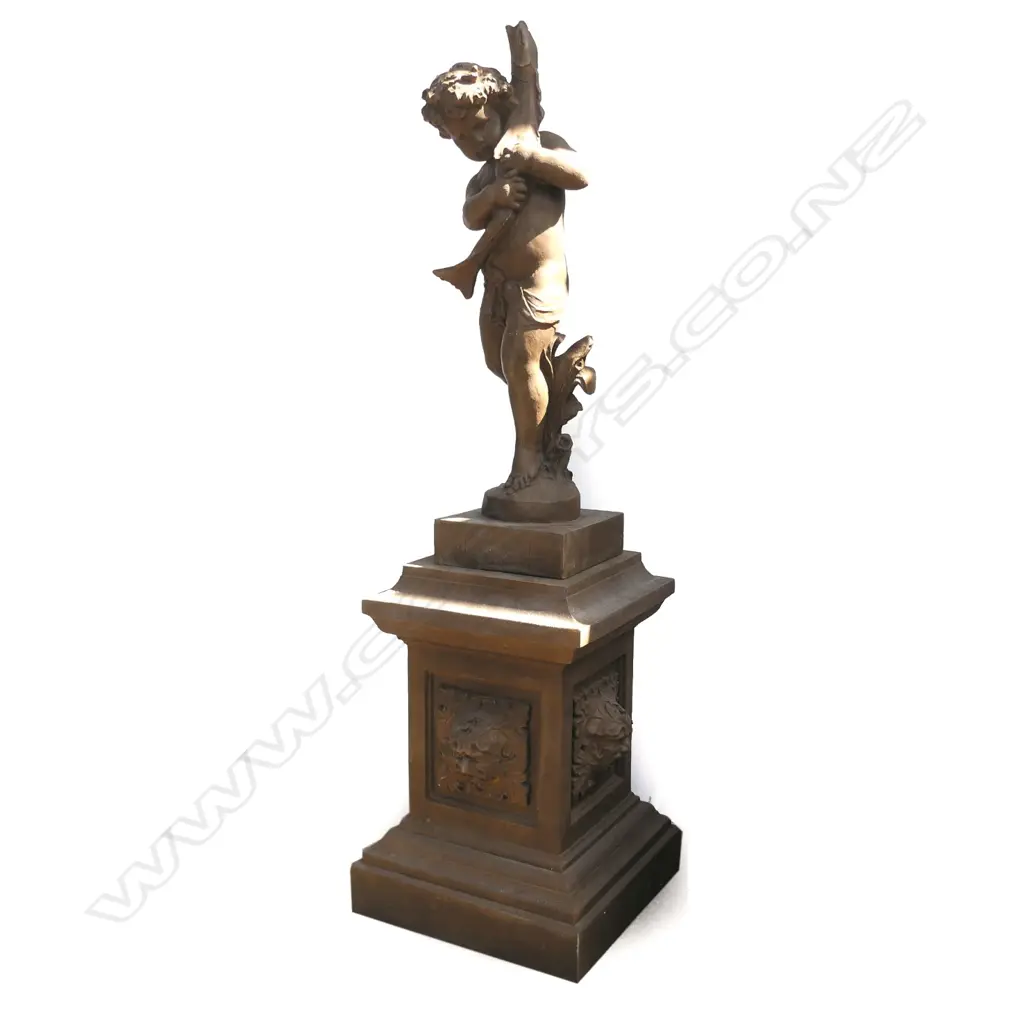 A modern antique style large garden sculpture 'Boy with Fish' on pedestal base Image 1++