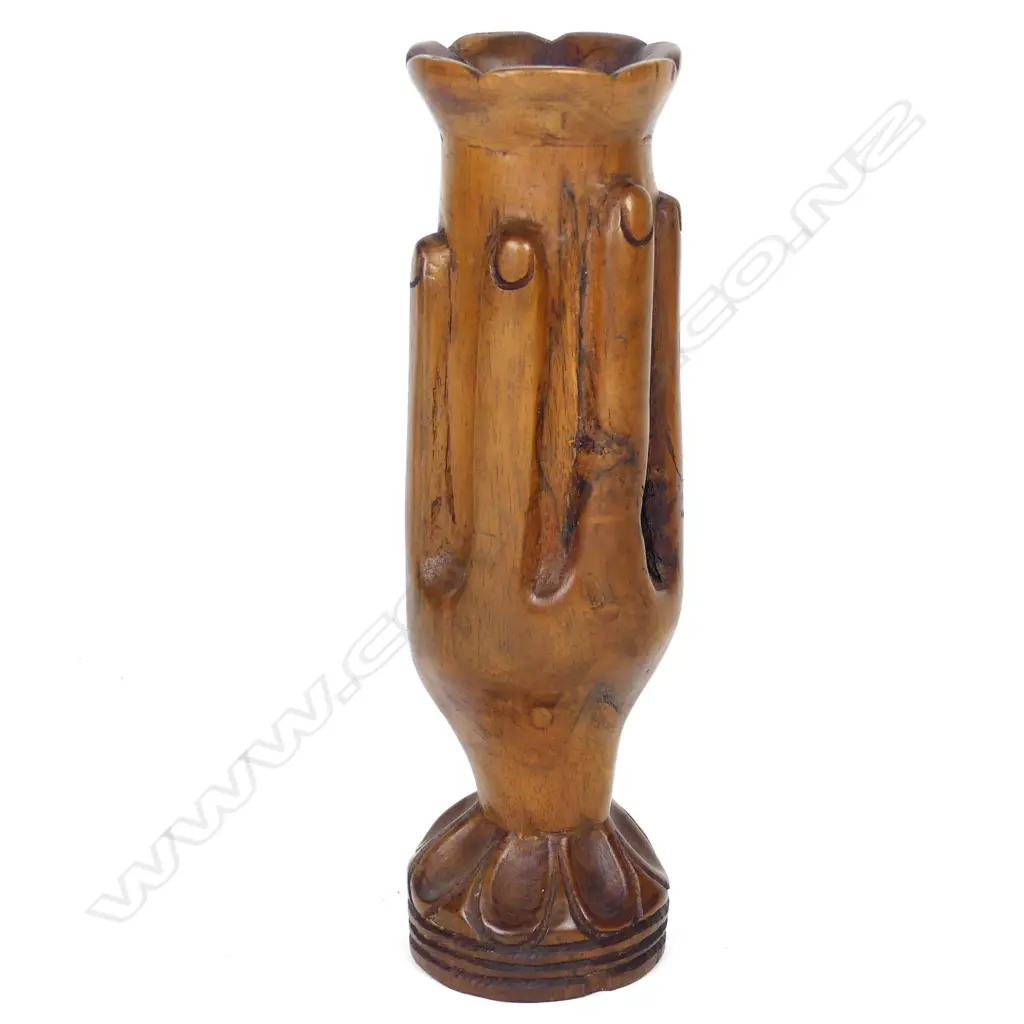 A vintage Pitcairn Island carved tou wood hand vase Image 1++