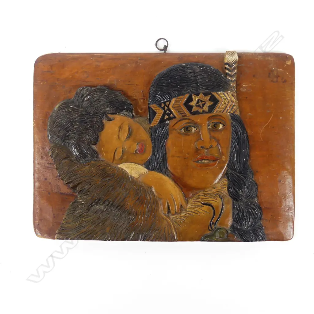 A Jane Brenkley kauri panel portrait of a Maori woman and child Image 1++