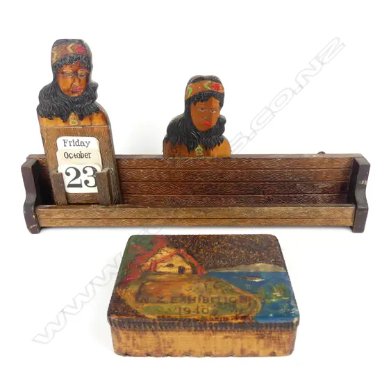 A Jane Brenkley NZ Exhibition 1940 box and Maori themed desk calendar