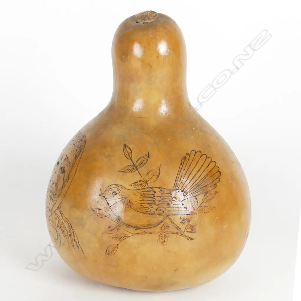 A Jane Brenkley pokerwork decorated gourd Image 1++