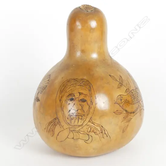 A Jane Brenkley pokerwork decorated gourd