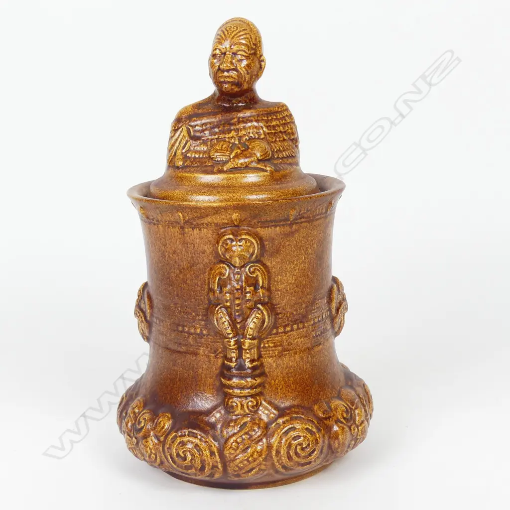 Temuka Pottery lidded Maori design tobacco jar Image 1++
