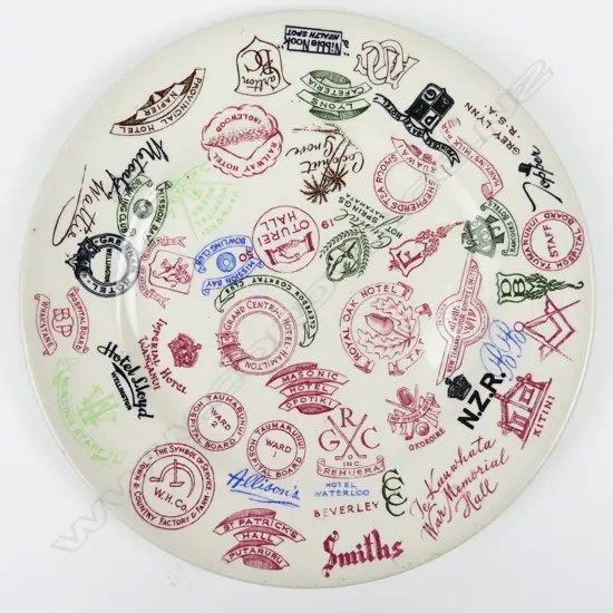 A Crown Lynn (unmarked) circular plate decorated with various hotel