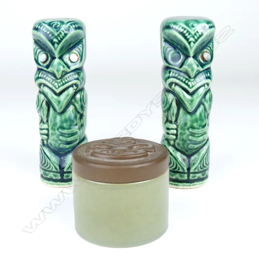 Crown Lynn small tiki box and pair Maori figured salt and pepper shakers Image 1++