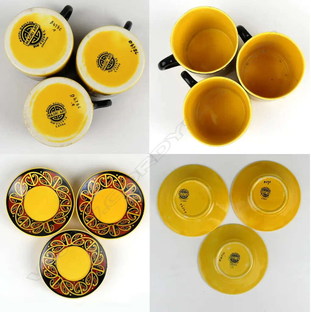 A Royal Doulton Maori Art coffee pot with three coffee cans and saucers Image 1++