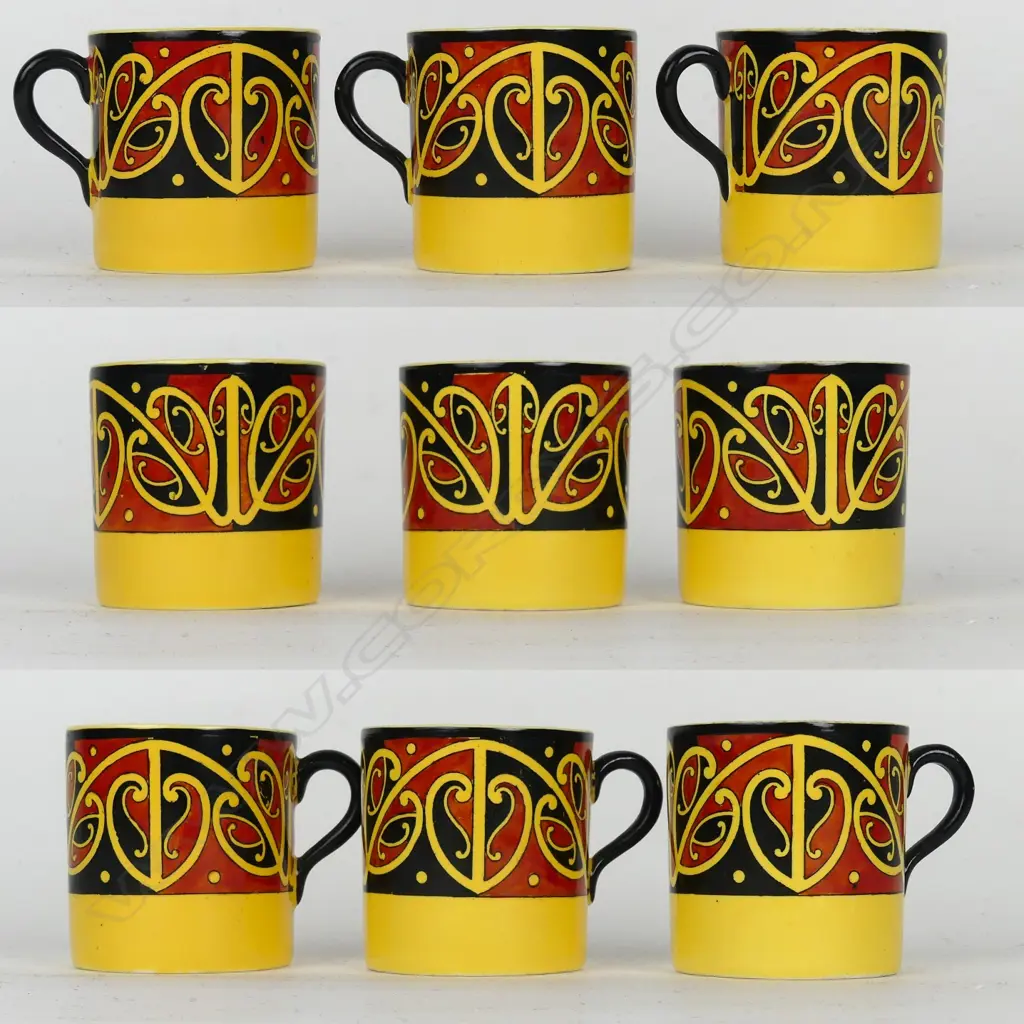 A Royal Doulton Maori Art coffee pot with three coffee cans and saucers Image 1++