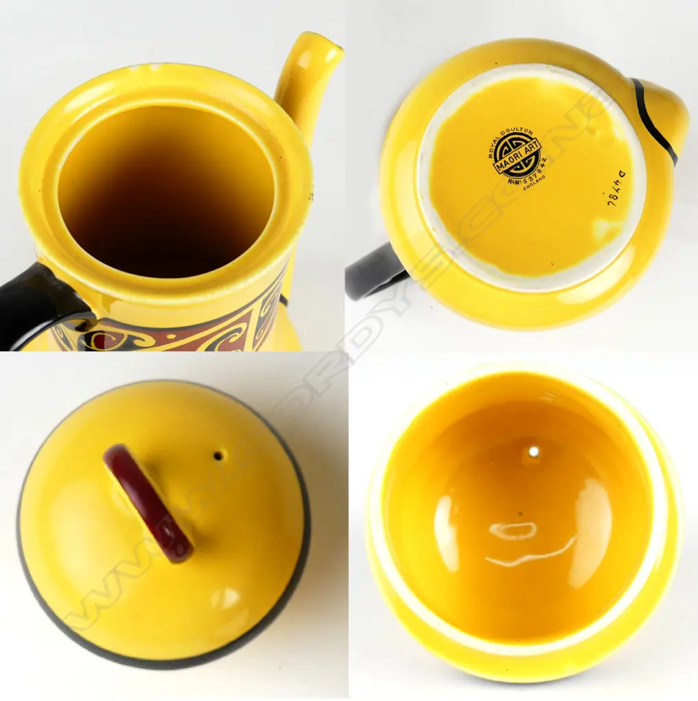 A Royal Doulton Maori Art coffee pot with three coffee cans and saucers Image 1++