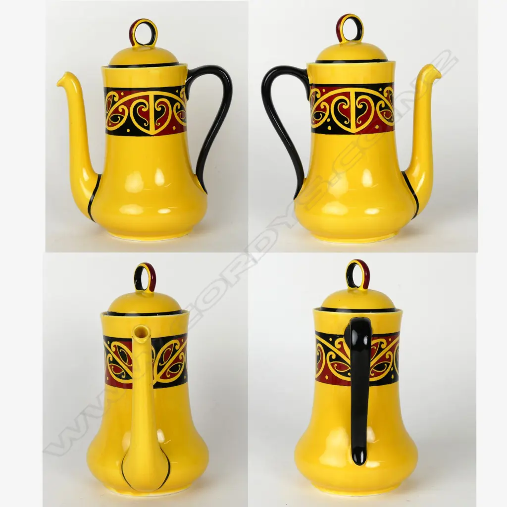 A Royal Doulton Maori Art coffee pot with three coffee cans and saucers Image 1++