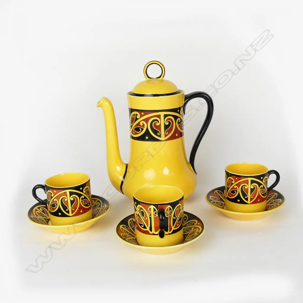 A Royal Doulton Maori Art coffee pot with three coffee cans and saucers Image 1++