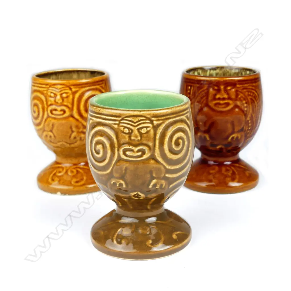 Three uncommon Crown Lynn Wharetana Maori Art Pottery egg cups Image 1++