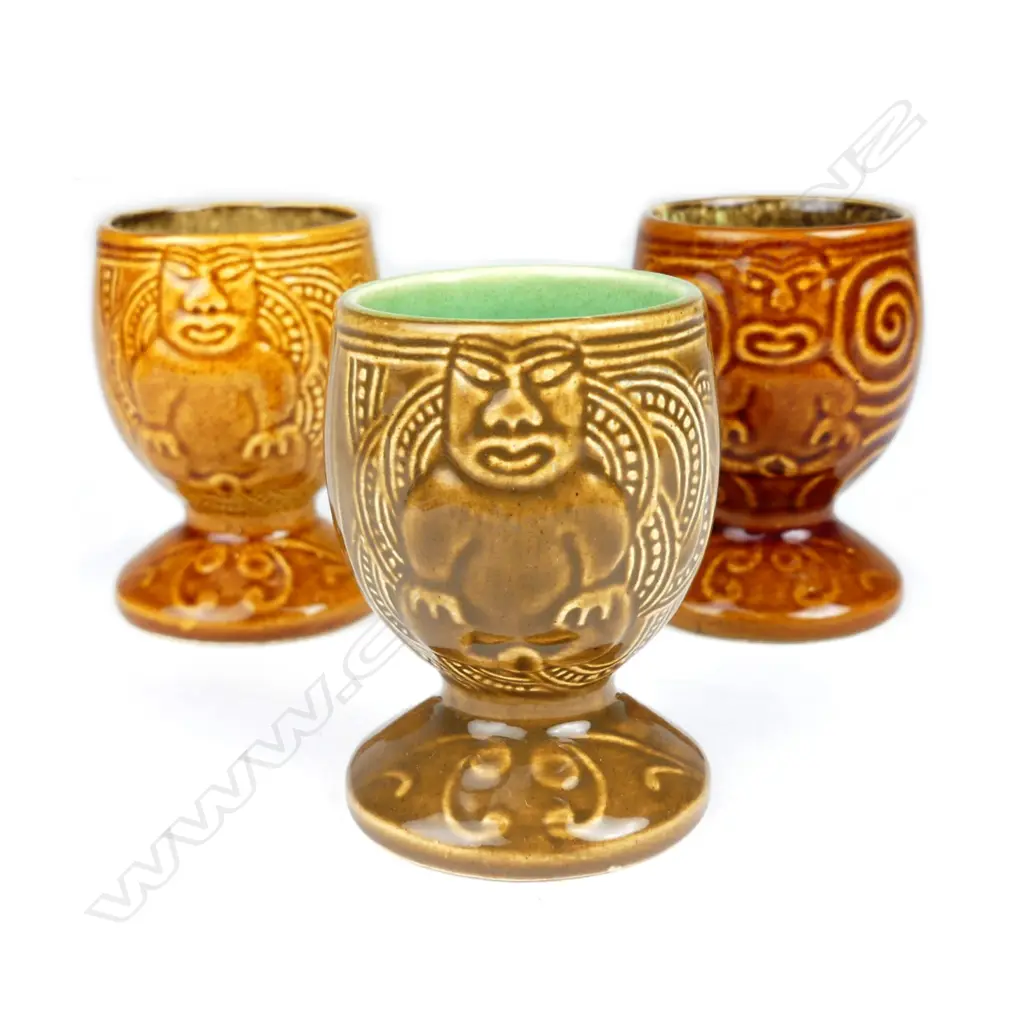 Three uncommon Crown Lynn Wharetana Maori Art Pottery egg cups Image 1++