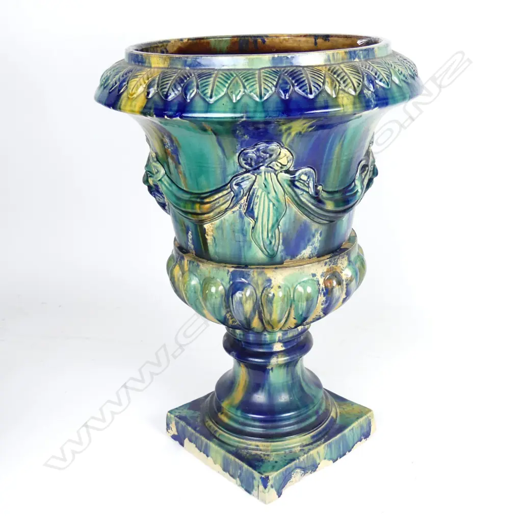 A scarce Hutson Pottery majolica two-stage urn on stand Image 1++
