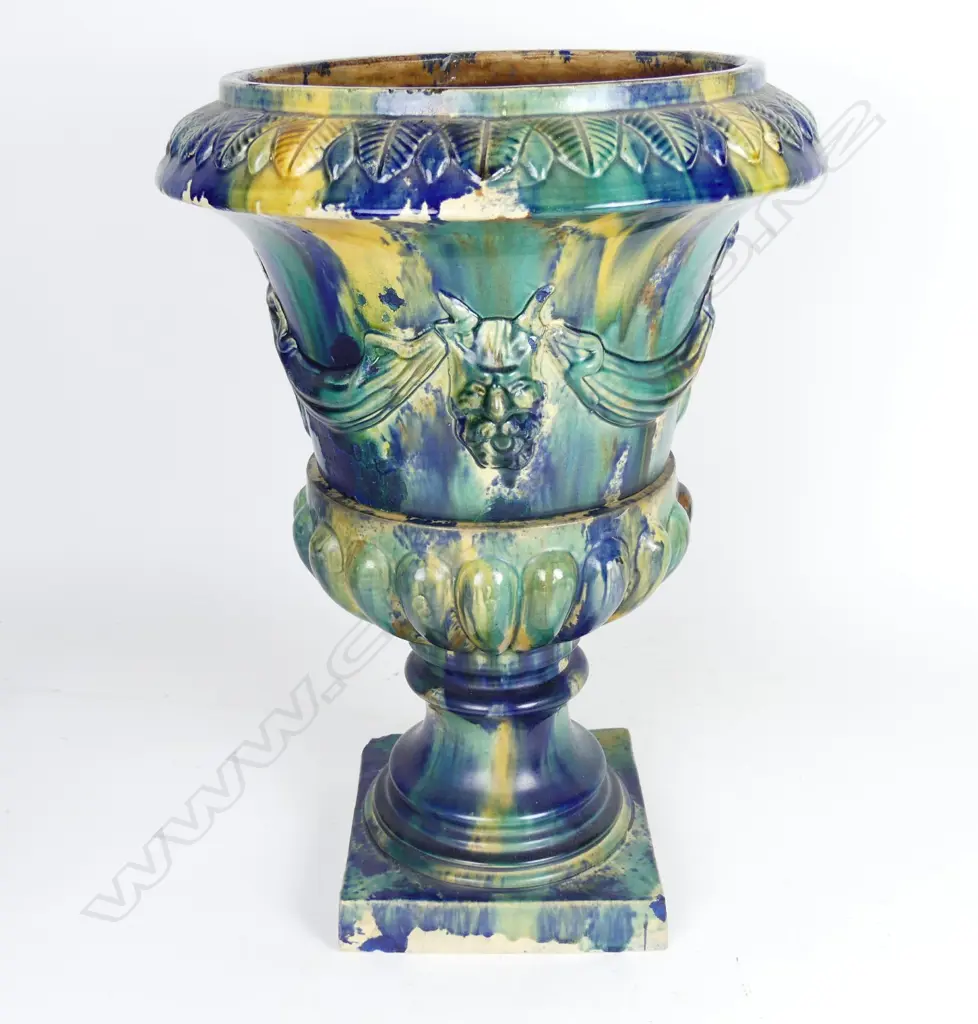 A scarce Hutson Pottery majolica two-stage urn on stand Image 1++