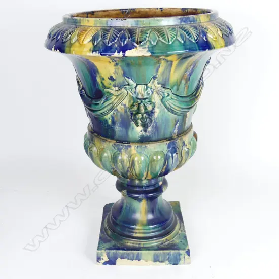 A scarce Hutson Pottery majolica two-stage urn on stand