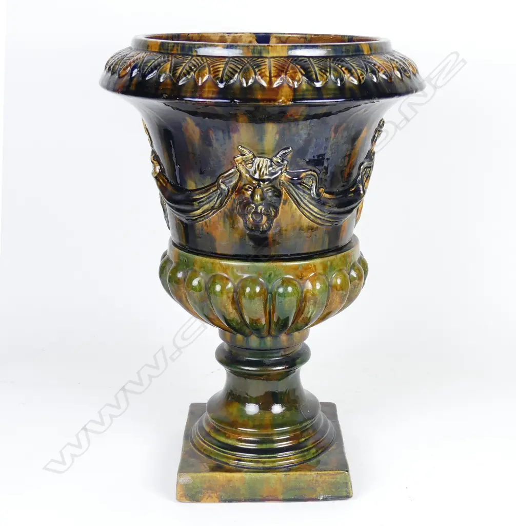 A scarce Hutson Pottery majolica two-stage urn on stand Image 1++
