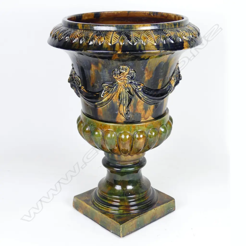 A scarce Hutson Pottery majolica two-stage urn on stand Image 1++