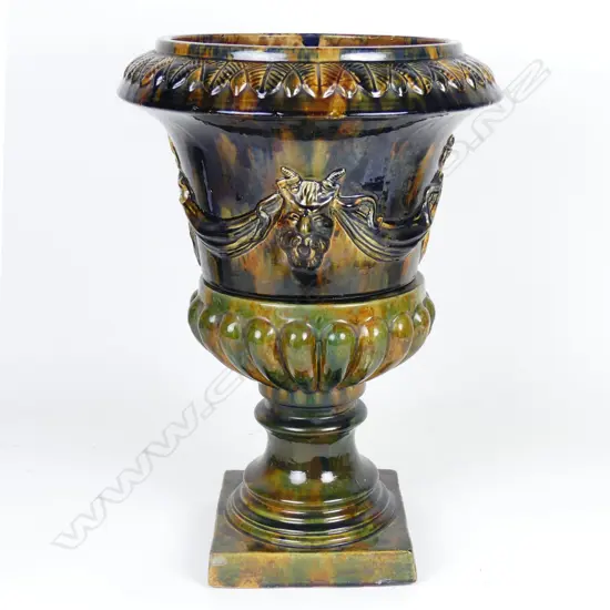 A scarce Hutson Pottery majolica two-stage urn on stand